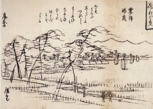 Hiroshige, Veduta di una strada accanto a un lago