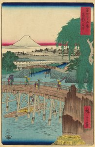 Ponte Ichikoku nella capitale orientale (Toto Ichikokubashi), dalla serie "Trentasei vedute del Monte Fuji (Fuji sanjurokkei)" da Utagawa Hiroshige