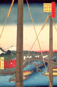 Ponte Inari e Santuario Minato, Teppozu, tavola 77 dalla serie Cento famosi paesaggi di Edo, Periodo Edo, Era Ansei, 1857