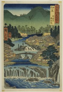 Provincia di Izu: sorgenti termali del tempio di Shuzen (Izu, Shuzenji tojiba), dalla serie "Luoghi famosi delle sessanta province (Rokujuyoshu meisho zue)". da Utagawa Hiroshige