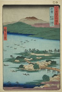 Provincia di Kaga: I fuochi di pesca sul lago Renko, una delle otto vedute sceniche di Kanazawa (Kaga, Kanazawa hassho no uchi, Renko no isaribi), dalla serie "Luoghi famosi nelle sessanta e più province (Rokujuyoshu meisho zue)" da Utagawa Hiroshige
