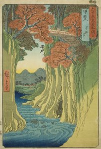 Provincia di Kai: Ponte delle Scimmie (Kai, Saruhashi), dalla serie "Luoghi famosi nelle sessanta e più province (Rokujuyoshu meisho zue)" da Utagawa Hiroshige