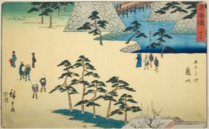 Kameyama—No. 47, dalla serie "Le cinquantatré stazioni del Tokaido (Tokaido gojusan tsugi)", noto anche come il Tokaido Reisho da Utagawa Hiroshige