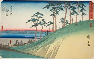 Kanaya: Pendio di Kanaya e fiume Oi (Kanaya, Kanaya saka, Oigawa)—N. 25, dalla serie "Le cinquantatré stazioni del Tokaido (Tokaido gojusan tsugi)", conosciuta anche come il Tokaido Reisho da Utagawa Hiroshige