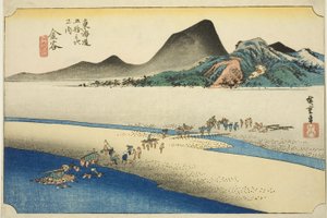 Kanaya: La riva lontana del fiume Oi (Kanaya, Oigawa engan), dalla serie "Le cinquantatré stazioni della strada Tokaido (Tokaido gojusan tsugi no uchi)," conosciuta anche come la Tokaido Hoeido da Utagawa Hiroshige
