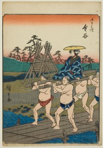 Kanaya, dalla serie "Le cinquantatré stazioni [del Tokaido] (Gojusan tsugi)," anche conosciuta come il Tokaido delle figure (Jinbutsu Tokaido) da Utagawa Hiroshige