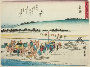 Kanaya, dalla serie "Le cinquantatré stazioni del Tokaido (Tokaido gojusan tsugi)", noto anche come il Tokaido con poesia (Kyoka iri Tokaido) da Utagawa Hiroshige