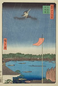 Sala Komagata e ponte Azuma (Komagatado Azumabashi), n. 62 della serie "Cento vedute famose di Edo (Meisho Edo hyakkei)". da Utagawa Hiroshige