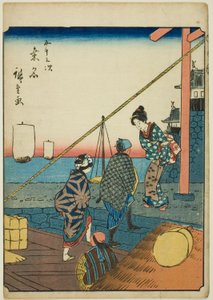 Kuwana, dalla serie "Cinquantaquattro stazioni [del Tokaido] (Gojusan tsugi)," conosciuta anche come il Tokaido delle figure (Jinbutsu Tokaido) da Utagawa Hiroshige