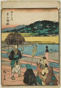 Kyoto: Ponte Sanjo (Kyo, Sanjobashi), dalla serie "Cinquantaquattro stazioni [del Tokaido] (Gojusan tsugi)," noto anche come il Tokaido delle figure (Jinbutsu Tokaido) da Utagawa Hiroshige