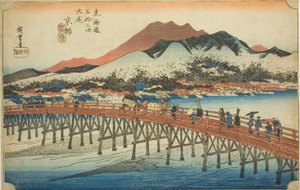 Kyoto: Il grande ponte di Sanjo (Keishi, Sanjo ohashi), dalla serie "Le cinquantatré stazioni del Tokaido (Tokaido gojusan tsugi no uchi)", noto anche come Hoeido Tokaido da Utagawa Hiroshige