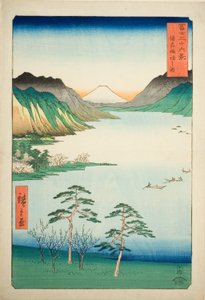 Lago Suwa nella provincia di Shinano, dalla serie "Trentasei vedute del Monte Fuji" da Utagawa Hiroshige