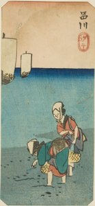 Bassa marea a Shinagawa (Shinagawa shiohi), sezione di un foglio dalla serie "Ritagli di luoghi famosi di Edo (Harimaze Koto meisho)" da Utagawa Hiroshige