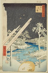 Cantieri di legname a Fukagawa (Fukagawa kiba), con cielo scuro, n. 106 della serie "Cento vedute famose di Edo (Meisho Edo hyakkei)". da Utagawa Hiroshige