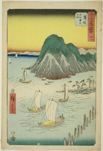 Maisaka: Traghetto che attraversa il mare a Imagiri (Maisaka, Imagiri kaijo funewatashi), n. 31 dalla serie "Luoghi famosi delle cinquantatré stazioni (Gojusan tsugi meisho zue)", noto anche come il Tokaido verticale da Utagawa Hiroshige