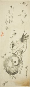 Anatre Mandarine che Attraversano uno Stagno Ghiacciato tra le Foglie Cadenti da Utagawa Hiroshige