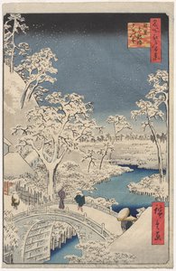 Immagine del crepuscolo al Ponte del Tamburo a Meguro, dalla serie 100 vedute di luoghi famosi a Edo da Utagawa Hiroshige