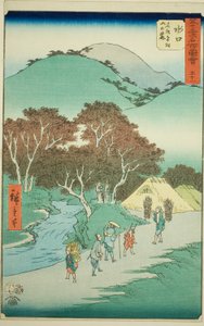 Minakuchi: I famosi pini ai piedi del Monte Hiramatsu (Minakuchi, meisho Hiramatsu yama no fumoto), n. 51 dalla serie "Luoghi famosi delle cinquantatré stazioni (Gojusan tsugi meisho zue)", noto anche come il Tokaido verticale da Utagawa Hiroshige