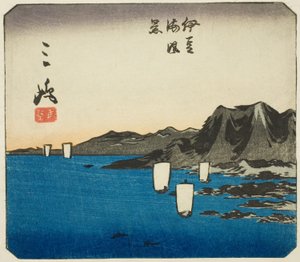 Mishima, sezione del foglio n. 3 dalla serie "Immagini ritagliate del Tokaido (Tokaido harimaze zue)"