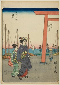 Miya, dalla serie "Le cinquantatré stazioni [del Tokaido] (Gojusan tsugi)," anche conosciuta come il Tokaido delle figure (Jinbutsu Tokaido) da Utagawa Hiroshige