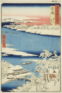 Provincia di Musashi: Mattina dopo la neve sul fiume Sumida (Musashi, Sumidagawa yuki no ashita), dalla serie "Luoghi famosi nelle sessanta e più province (Rokujuyoshu meisho zue)" da Utagawa Hiroshige