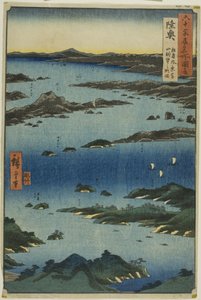 Provincia di Mutsu: veduta di Matsushima con una prospettiva lontana del monte Tomi (Mutsu, Matsushima fukei, Tomiyama chobo no ryakuzu), dalla serie "Luoghi famosi nelle sessanta province (Rokujuyoshu meisho zue)".