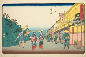 Narumi: Negozi che vendono il famoso tessuto tinto a nodi (Narumi, meisan shibori mise)—N. 41, dalla serie "Le cinquantatré stazioni del Tokaido (Tokaido gojusan tsugi)", noto anche come il Reisho Tokaido da Utagawa Hiroshige