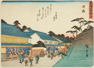 Narumi, dalla serie "Le cinquantatré stazioni del Tokaido (Tokaido gojusan tsugi)," conosciuta anche come il Tokaido con poesia (Kyoka iri Tokaido) da Utagawa Hiroshige
