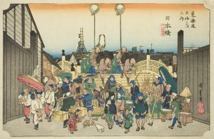 Nihonbashi: Processione in partenza (Nihonbashi, gyoretsu furidashi), dalla serie "Le cinquantatré stazioni della strada Tokaido (Tokaido gojusan tsugi no uchi)", anche conosciuta come la Tokaido di Hoeido da Utagawa Hiroshige