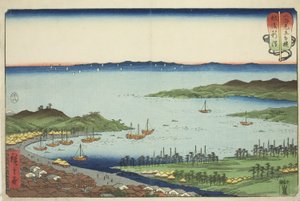 Niigata nella provincia di Echigo (Echigo Niigata), dalla serie "Incontri di lotta tra montagne e mari (Sankai mitate zumo)" da Utagawa Hiroshige