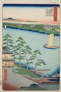 Traghetto di Niijuku (Niijuku no watashi), n. 93 della serie "Cento vedute famose di Edo (Meisho Edo hyakkei)". da Utagawa Hiroshige