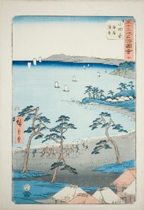 Odawara: case di pescatori sulla spiaggia (Odawara, kaigan gyosha), n. 10 della serie "Luoghi famosi delle cinquantatré stazioni (Gojusan tsugi meisho zue)", nota anche come Tokaido verticale. da Utagawa Hiroshige