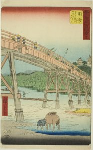 Okazaki: Ponte Yahagi sul fiume Yahagi (Okazaki, Yahagigawa Yahagi no hashi), n. 39 dalla serie "Luoghi famosi delle cinquantatré stazioni (Gojusan tsugi meisho zue)", noto anche come il Tokaido verticale
