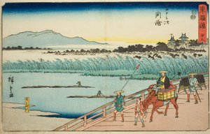 Okazaki: Fiume Yahagi (Okazaki, Yahagigawa)—N. 39, dalla serie "Le cinquantatré stazioni del Tokaido (Tokaido gojusan tsugi)," anche conosciuta come il Reisho Tokaido da Utagawa Hiroshige