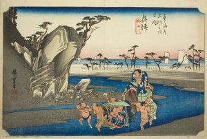 Okitsu: Il fiume Okitsu (Okitsu, Okitsugawa), dalla serie "Le cinquantatré stazioni della strada Tokaido (Tokaido gojusan tsugi no uchi)", conosciuta anche come Hoeido Tokaido