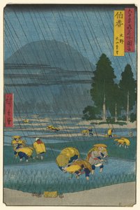 Ono, vista distante del Monte Daisen nella provincia di Hoki (Hoki, Ono, Daisen enbo), dalla serie "Luoghi famosi nelle sessanta e più province (Rokujuyo-shu meisho zue)" da Utagawa Hiroshige