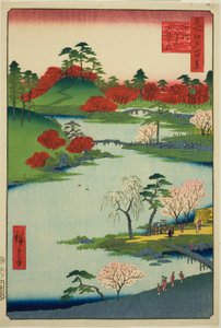 Apertura del giardino al santuario Fukagawa Hachiman (Fukagawa Hachiman yamabiraki), dalla serie "Cento vedute famose di Edo (Meisho Edo hyakkei)" da Utagawa Hiroshige