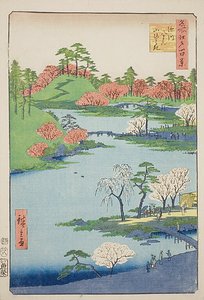 Apertura del giardino del santuario di Fukagawa Hachiman (Fukagawa Hachiman yamabiraki), n. 68 della serie "Cento vedute famose di Edo (Meisho Edo hyakkei)". da Utagawa Hiroshige