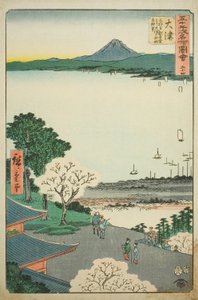 Otsu: Vista lontana di Otsu e del lago dalla Sala Kannon del Tempio Mii (Otsu, Miidera Kannondo yori Otsu no machi kosui chobo), n. 54 dalla serie "Vedute famose delle cinquantatré stazioni (Gojusan tsugi meisho zue)"