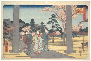 Persone che visitano il Santuario di Hachiman: Cento vedute famose di Edo da Utagawa Hiroshige