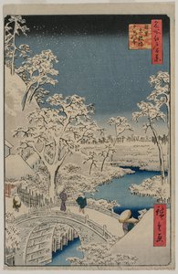 Immagine del crepuscolo al Ponte del Tamburo a Meguro, dalla serie 100 vedute di luoghi famosi a Edo