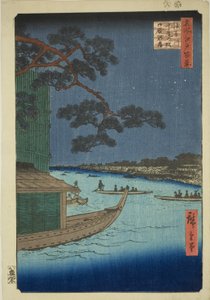 Pino del Successo e Oumayagashi, fiume Asakusa (Asakusagawa Shubi no matsu Oumayagashi), dalla serie "Cento vedute famose di Edo (Meisho Edo hyakkei)" da Utagawa Hiroshige