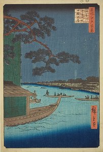 Pino del successo e Oumayagashi, fiume Asakusa (Asakusagawa Shubi no matsu Oumayagashi), n. 61 della serie "Cento vedute famose di Edo (Meisho Edo hyakkei)". da Utagawa Hiroshige