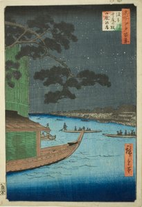 Pino del Successo e Oumayagashi, fiume Asakusa (Asakusagawa shubi no matsu Oumayagashi), dalla serie Cento vedute famose di Edo (Meisho Edo hyakkei) da Utagawa Hiroshige