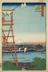 Ryogoku Ekoin e ponte Moto-Yanagi (Ryogoku Ekoin Moto-Yanagibashi), n. 5 della serie "Cento vedute famose di Edo (Meisho Edo hyakkei)". da Utagawa Hiroshige