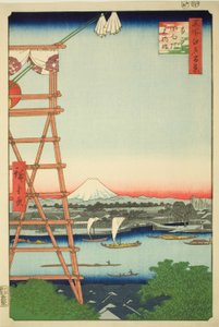 Ryogoku Ekoin e Ponte Moto-Yanagi (Ryogoku Ekoin Moto-Yanagibashi), dalla serie "Cento vedute famose di Edo (Meisho Edo hyakkei)" da Utagawa Hiroshige