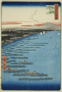 Costa di Samezu a Sud di Shinagawa (Minami-Shinagawa Samezu kaigan), dalla serie "Cento vedute famose di Edo (Meisho Edo hyakkei)" da Utagawa Hiroshige