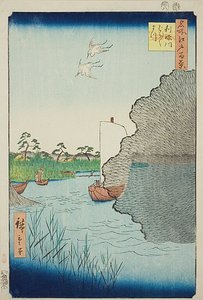 Pini sparsi sul fiume Tone (Tonegawa Barabara-matsu), n. 71 della serie "Cento vedute famose di Edo (Meisho Edo hyakkei)". da Utagawa Hiroshige