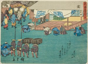 Seki, dalla serie "Le cinquantatré stazioni del Tokaido (Tokaido gojusan tsugi)," conosciuta anche come il Tokaido con poesia (Kyoka iri Tokaido) da Utagawa Hiroshige