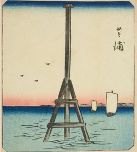 Shibaura, sezione di un foglio dalla serie "Immagini ritagliate di luoghi famosi di Edo (Edo meisho harimaze zue)" da Utagawa Hiroshige